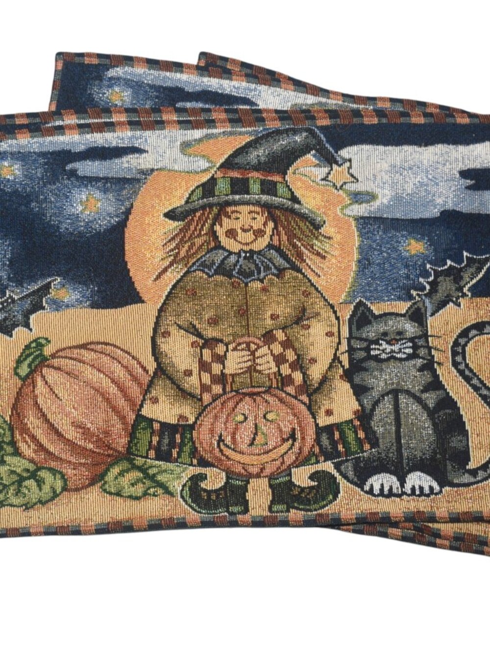 Vintage Halloween Tapestry Placemats Set of 6 Witch Black Cat Pumpkins Woven